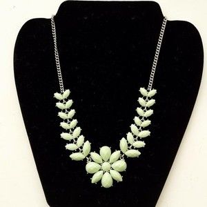 Mint green rhinestone necklace silver tone chain, vintage Y2K plastic, 16 to 17